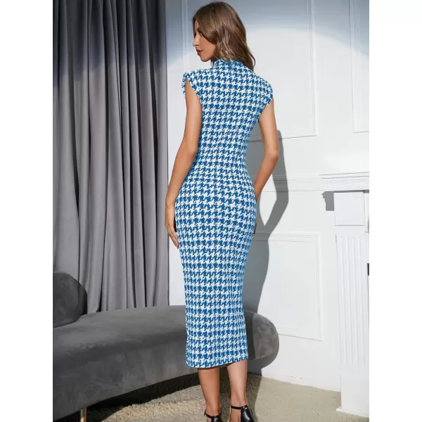 WDIRARA Women's Houndstooth Mock Neck Sleeveless Shoulder Pads Bodycon Dress