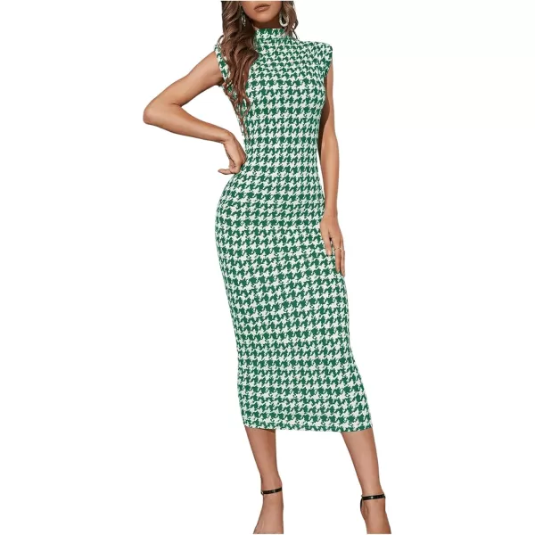 WDIRARA Women's Houndstooth Mock Neck Sleeveless Shoulder Pads Bodycon Dress