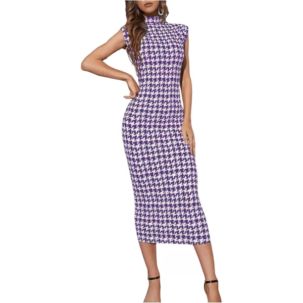 WDIRARA Women's Houndstooth Mock Neck Sleeveless Shoulder Pads Bodycon Dress