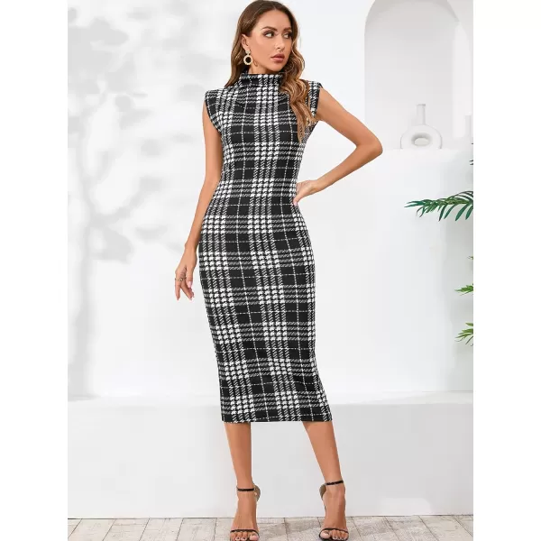 WDIRARA Women's Houndstooth Mock Neck Sleeveless Shoulder Pads Bodycon Dress