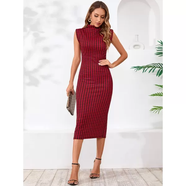 WDIRARA Women's Houndstooth Mock Neck Sleeveless Shoulder Pads Bodycon Dress