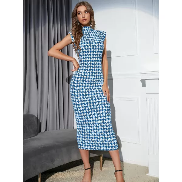 WDIRARA Women's Houndstooth Mock Neck Sleeveless Shoulder Pads Bodycon Dress