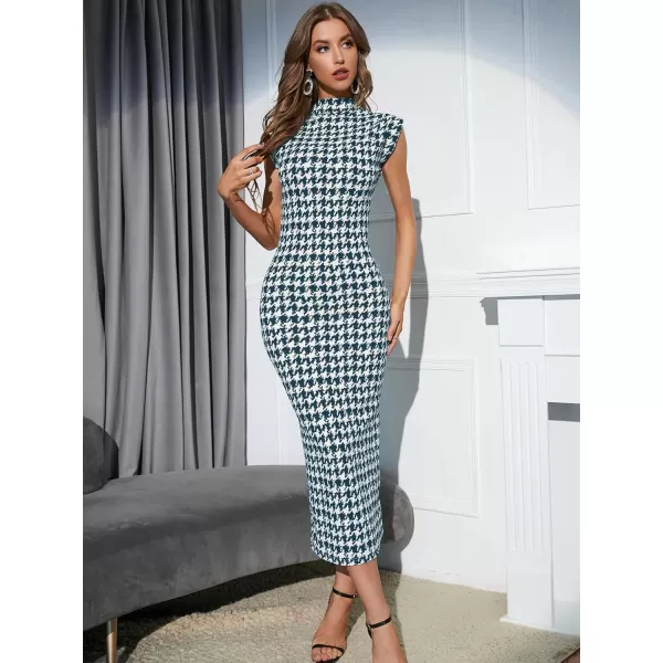 WDIRARA Women's Houndstooth Mock Neck Sleeveless Shoulder Pads Bodycon Dress