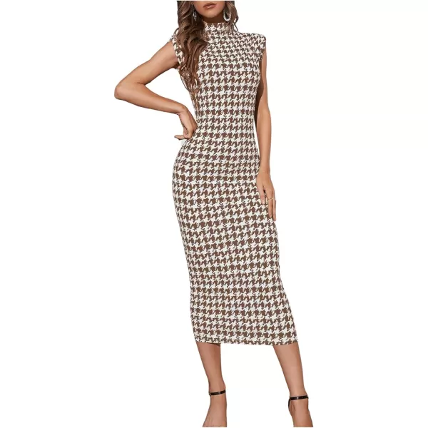 WDIRARA Women's Houndstooth Mock Neck Sleeveless Shoulder Pads Bodycon Dress