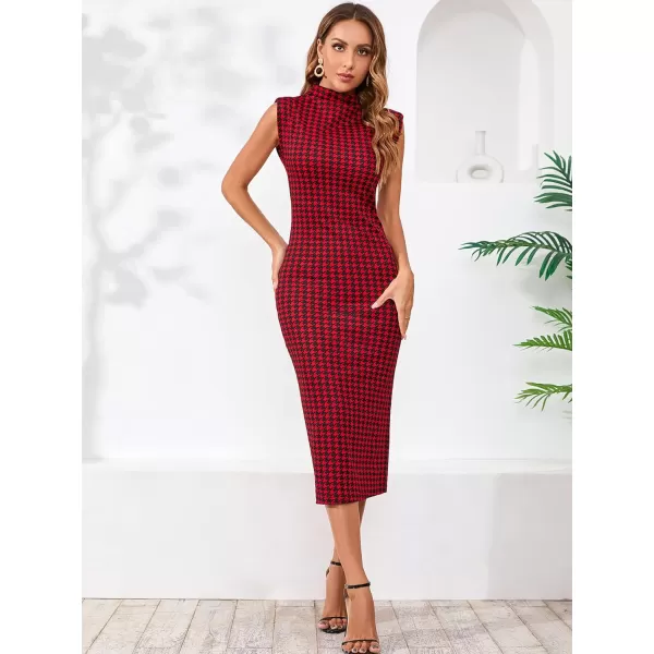 WDIRARA Women's Houndstooth Mock Neck Sleeveless Shoulder Pads Bodycon Dress