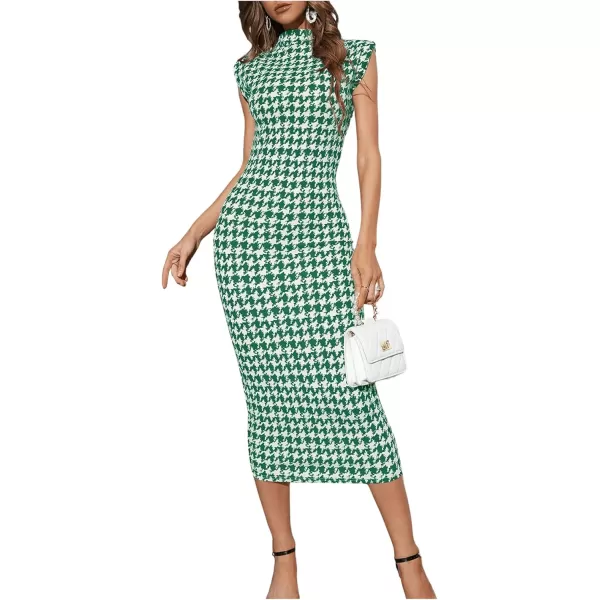 WDIRARA Women's Houndstooth Mock Neck Sleeveless Shoulder Pads Bodycon Dress