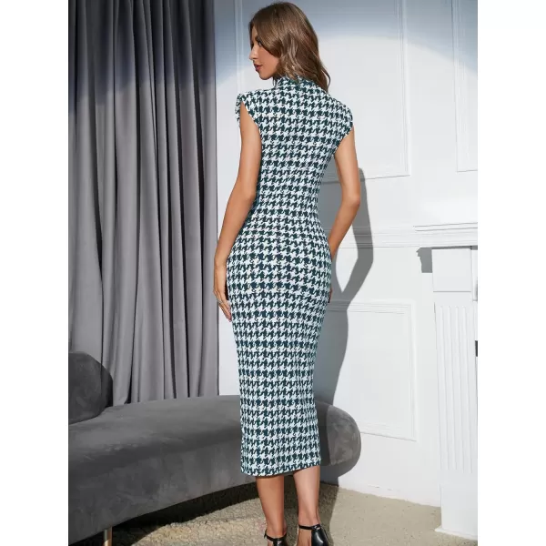 WDIRARA Women's Houndstooth Mock Neck Sleeveless Shoulder Pads Bodycon Dress