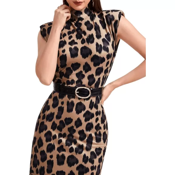 WDIRARA Women's Houndstooth Mock Neck Sleeveless Shoulder Pads Bodycon Dress