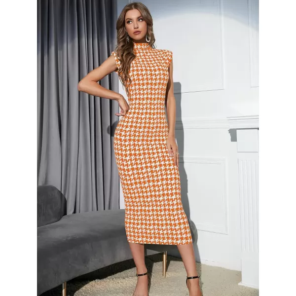 WDIRARA Women's Houndstooth Mock Neck Sleeveless Shoulder Pads Bodycon Dress