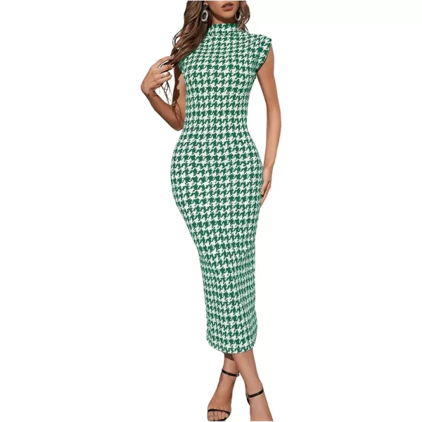 WDIRARA Women's Houndstooth Mock Neck Sleeveless Shoulder Pads Bodycon Dress