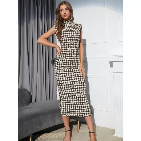 WDIRARA Women's Houndstooth Mock Neck Sleeveless Shoulder Pads Bodycon Dress