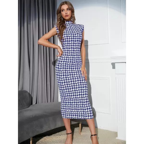 WDIRARA Women's Houndstooth Mock Neck Sleeveless Shoulder Pads Bodycon Dress
