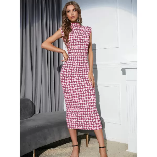 WDIRARA Women's Houndstooth Mock Neck Sleeveless Shoulder Pads Bodycon Dress