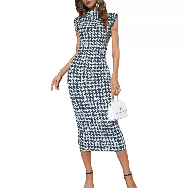WDIRARA Women's Houndstooth Mock Neck Sleeveless Shoulder Pads Bodycon Dress