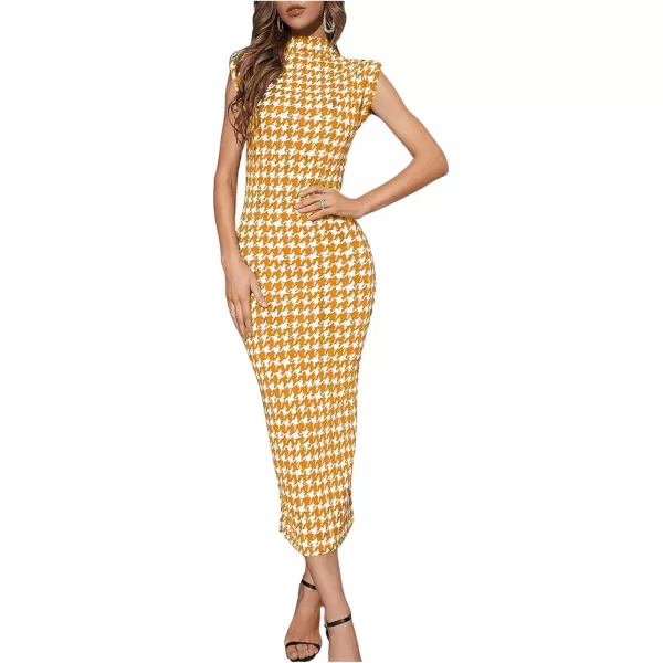 WDIRARA Women's Houndstooth Mock Neck Sleeveless Shoulder Pads Bodycon Dress