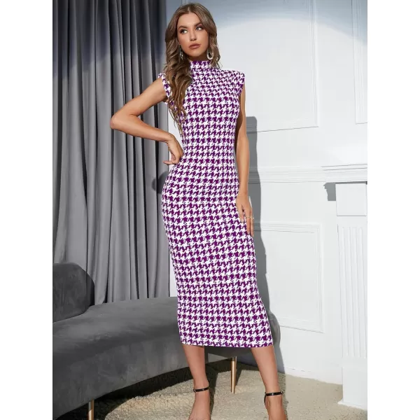 WDIRARA Women's Houndstooth Mock Neck Sleeveless Shoulder Pads Bodycon Dress