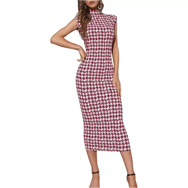 WDIRARA Women's Houndstooth Mock Neck Sleeveless Shoulder Pads Bodycon Dress