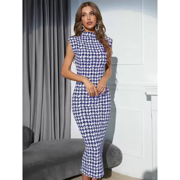 WDIRARA Women's Houndstooth Mock Neck Sleeveless Shoulder Pads Bodycon Dress