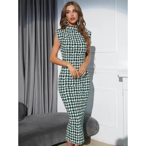 WDIRARA Women's Houndstooth Mock Neck Sleeveless Shoulder Pads Bodycon Dress
