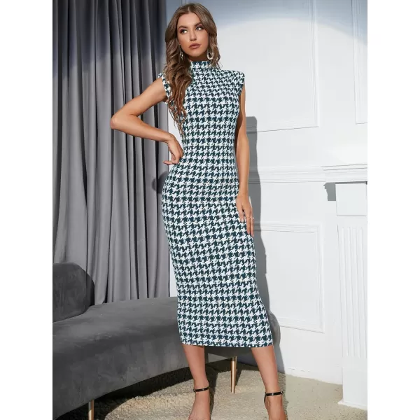 WDIRARA Women's Houndstooth Mock Neck Sleeveless Shoulder Pads Bodycon Dress