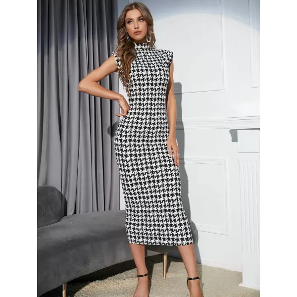 WDIRARA Women's Houndstooth Mock Neck Sleeveless Shoulder Pads Bodycon Dress
