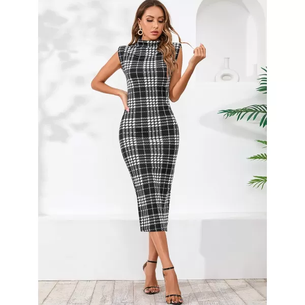WDIRARA Women's Houndstooth Mock Neck Sleeveless Shoulder Pads Bodycon Dress