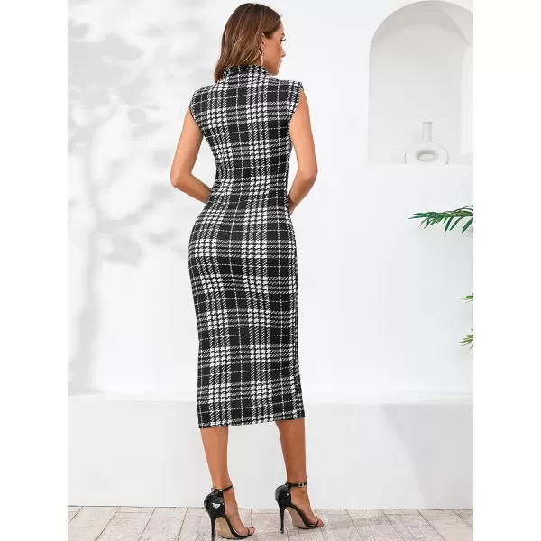 WDIRARA Women's Houndstooth Mock Neck Sleeveless Shoulder Pads Bodycon Dress