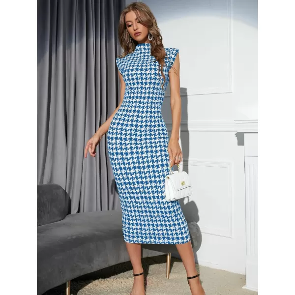 WDIRARA Women's Houndstooth Mock Neck Sleeveless Shoulder Pads Bodycon Dress