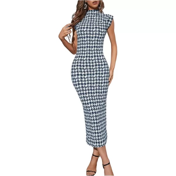 WDIRARA Women's Houndstooth Mock Neck Sleeveless Shoulder Pads Bodycon Dress