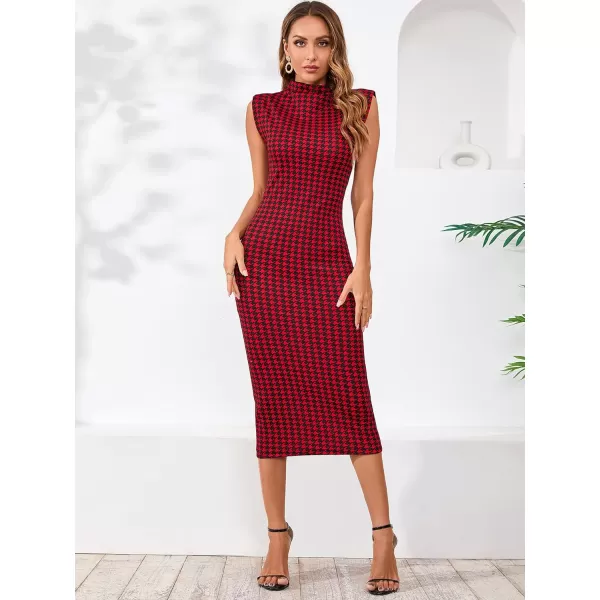 WDIRARA Women's Houndstooth Mock Neck Sleeveless Shoulder Pads Bodycon Dress