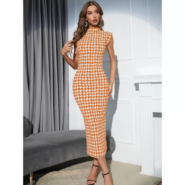 WDIRARA Women's Houndstooth Mock Neck Sleeveless Shoulder Pads Bodycon Dress