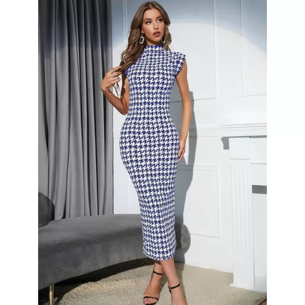 WDIRARA Women's Houndstooth Mock Neck Sleeveless Shoulder Pads Bodycon Dress