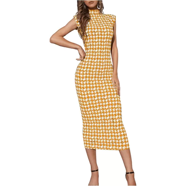 WDIRARA Women's Houndstooth Mock Neck Sleeveless Shoulder Pads Bodycon Dress