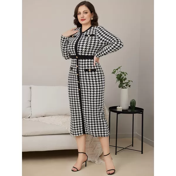WDIRARA Women's Houndstooth Plaid V Neck Split Hem Belted Button Long Sleeve Bodycon Church Pencil Maxi Dress