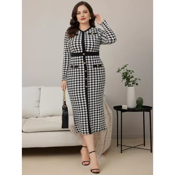 WDIRARA Women's Houndstooth Plaid V Neck Split Hem Belted Button Long Sleeve Bodycon Church Pencil Maxi Dress