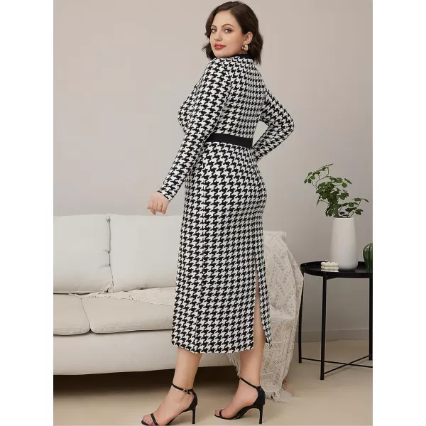 WDIRARA Women's Houndstooth Plaid V Neck Split Hem Belted Button Long Sleeve Bodycon Church Pencil Maxi Dress