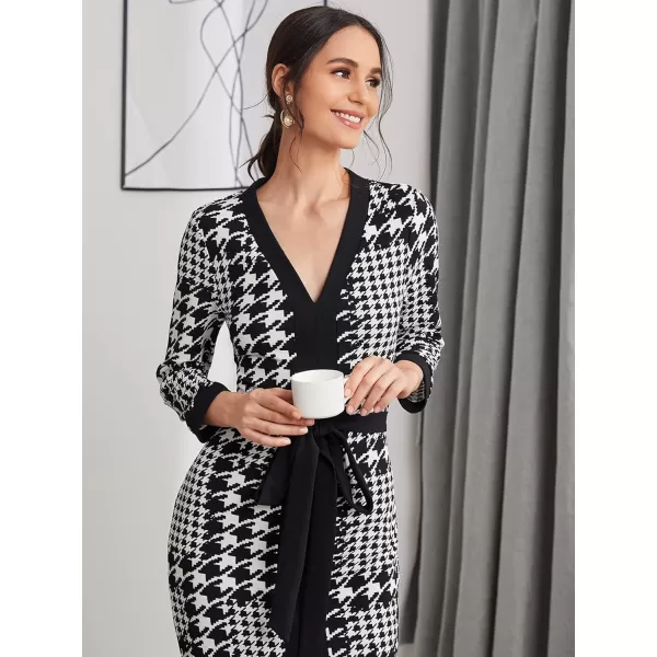 WDIRARA Women's Houndstooth Plaid V Neck Split Hem Belted Button Long Sleeve Bodycon Church Pencil Maxi Dress