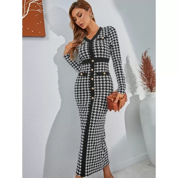 WDIRARA Women's Houndstooth Plaid V Neck Split Hem Belted Button Long Sleeve Bodycon Church Pencil Maxi Dress