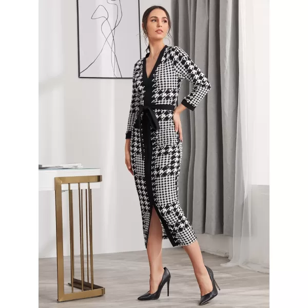 WDIRARA Women's Houndstooth Plaid V Neck Split Hem Belted Button Long Sleeve Bodycon Church Pencil Maxi Dress