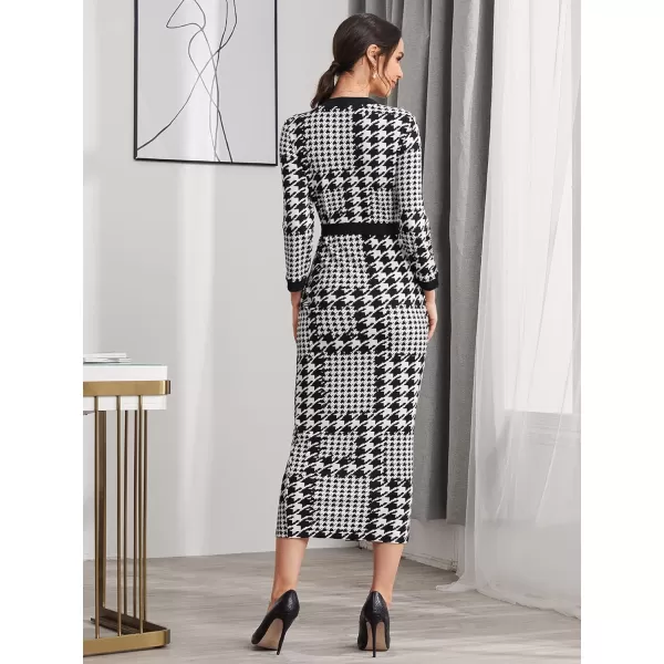 WDIRARA Women's Houndstooth Plaid V Neck Split Hem Belted Button Long Sleeve Bodycon Church Pencil Maxi Dress