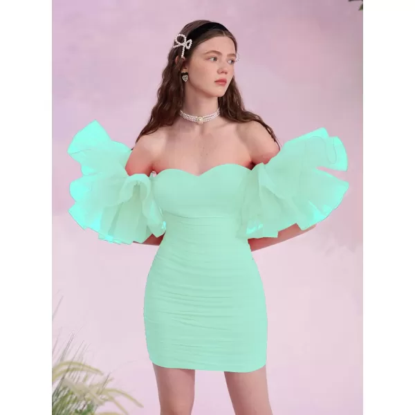 WDIRARA Women's Off Shoulder Prom Dress Puff Sleeve Ruched Mesh Cocktail Bodycon Party Elegant Mini Dresses