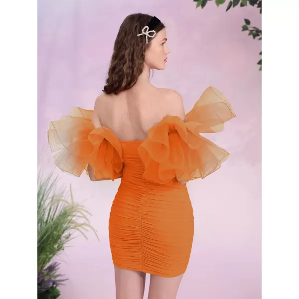 WDIRARA Women's Off Shoulder Prom Dress Puff Sleeve Ruched Mesh Cocktail Bodycon Party Elegant Mini Dresses