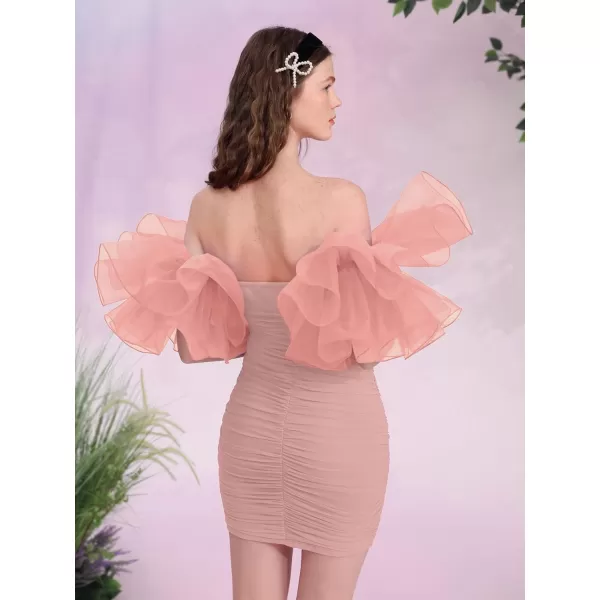 WDIRARA Women's Off Shoulder Prom Dress Puff Sleeve Ruched Mesh Cocktail Bodycon Party Elegant Mini Dresses