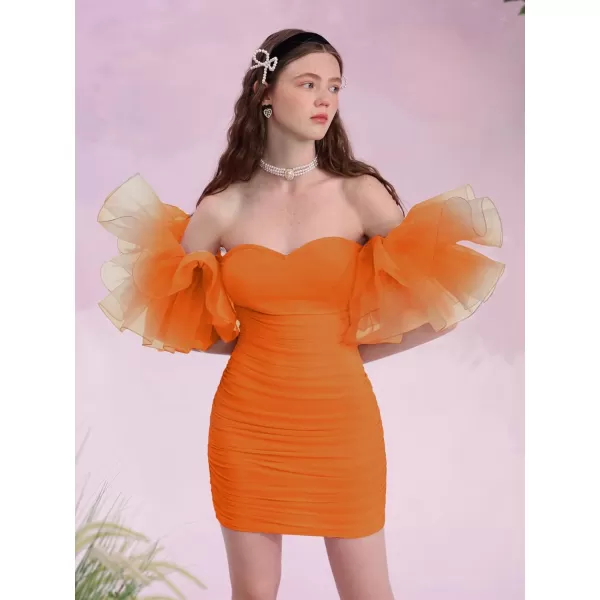 WDIRARA Women's Off Shoulder Prom Dress Puff Sleeve Ruched Mesh Cocktail Bodycon Party Elegant Mini Dresses