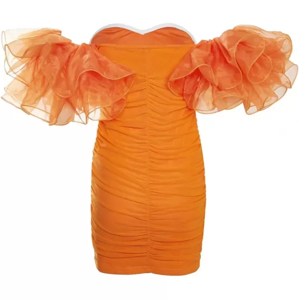 WDIRARA Women's Off Shoulder Prom Dress Puff Sleeve Ruched Mesh Cocktail Bodycon Party Elegant Mini Dresses