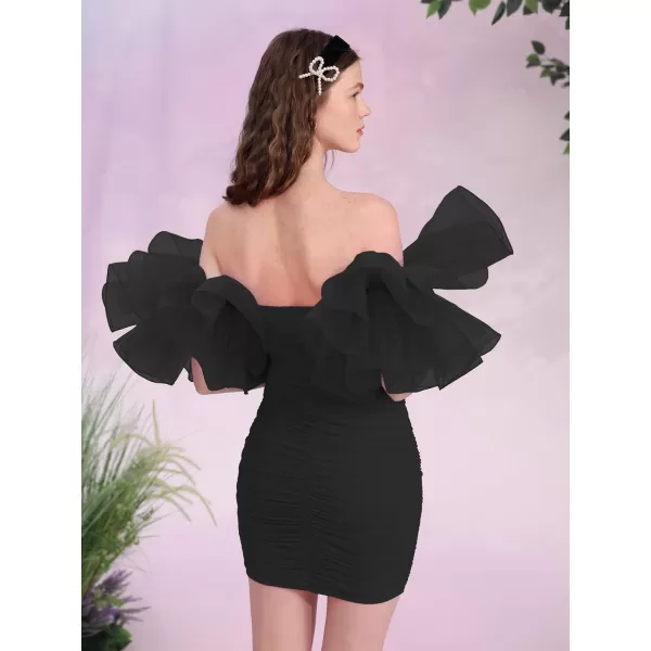 WDIRARA Women's Off Shoulder Prom Dress Puff Sleeve Ruched Mesh Cocktail Bodycon Party Elegant Mini Dresses