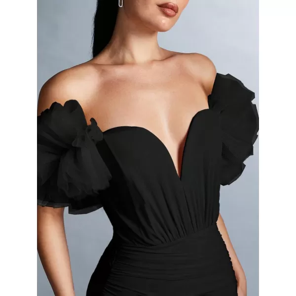 WDIRARA Women's Off Shoulder Prom Dress Puff Sleeve Ruched Mesh Cocktail Bodycon Party Elegant Mini Dresses