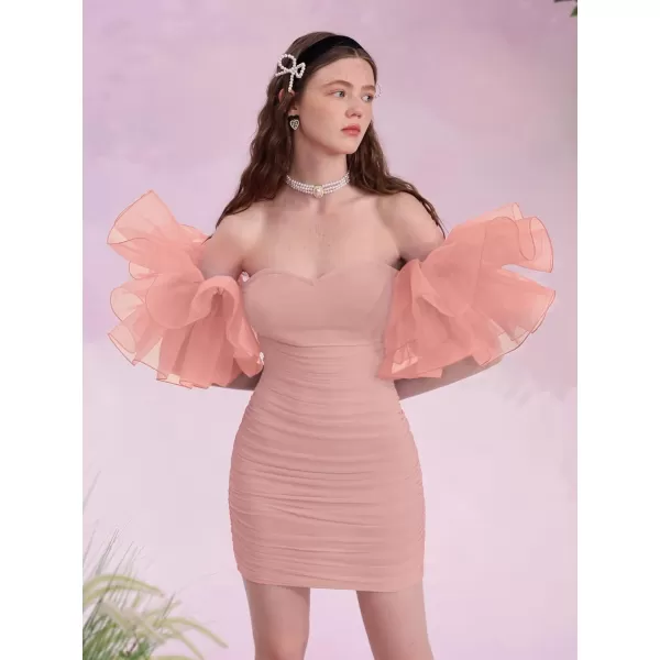 WDIRARA Women's Off Shoulder Prom Dress Puff Sleeve Ruched Mesh Cocktail Bodycon Party Elegant Mini Dresses