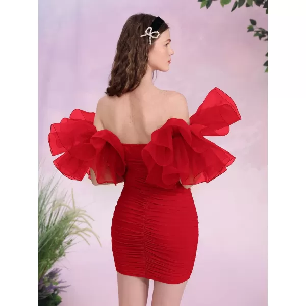 WDIRARA Women's Off Shoulder Prom Dress Puff Sleeve Ruched Mesh Cocktail Bodycon Party Elegant Mini Dresses