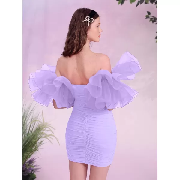 WDIRARA Women's Off Shoulder Prom Dress Puff Sleeve Ruched Mesh Cocktail Bodycon Party Elegant Mini Dresses